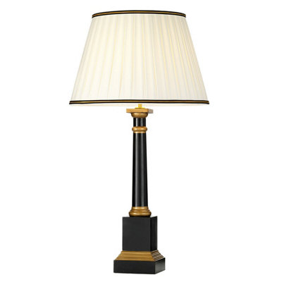 Elegant Black Column Table Lamp with Ivory Shade and Gold Trim - LED E27 Bulb Compatible