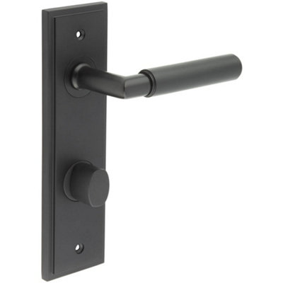 Elegant Black Door Handle with Bathroom Backplate and Turn Release - Solid Brass Interior Handle