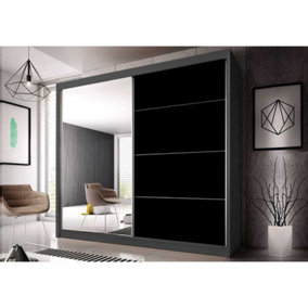 Elegant Black Gloss Front & Graphite Wardrobe W233cm H218cm D61cm with Mirrored Sliding Doors