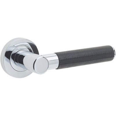 Elegant Black Leather Door Handle with Polished Chrome Finish - Interior Handle