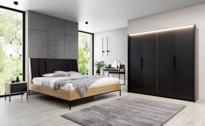 Elegant Black Loft Bed Frame H1200mm W1470mm D2240mm with Black Metal Legs and Oak Finish