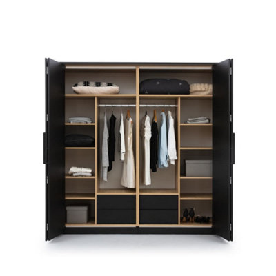 Elegant Black Loft Folding Door Wardrobe H2040mm W2040mm D650mm with Shelves, Drawers, and LED Lighting