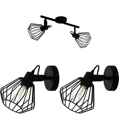 Elegant Black Twin Ceiling Spot Light with Two Matching Wall Lights in Geometric Design