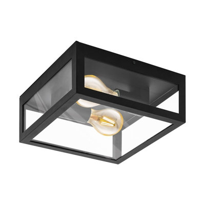 Elegant Black Wall Flush Ceiling Light with Clear Glass Shade and E27 Bulb Socket