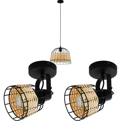 Elegant Black Wire Ceiling Pendant Light with Two Matching Wall Lights in Wicker Wood Design