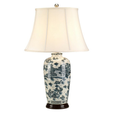 Elegant Blue LED Table Lamp with Chinese Porcelain Design and Cream Shade