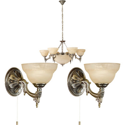 Elegant Bronze Satin Glass Chandelier with Matching Wall Lights