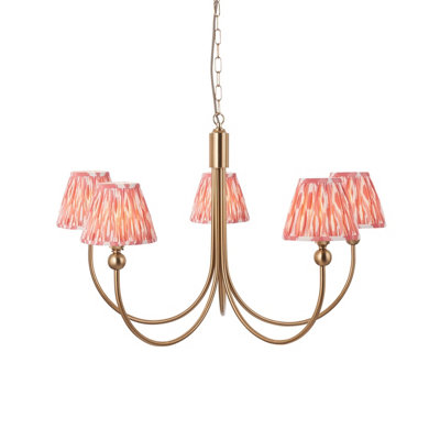 Elegant Brushed Aged Brass Ceiling Pendant Light with Coral Pink Ikat Shades