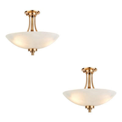 Elegant Brushed Aged Brass Semi Flush Ceiling Light - Set of 2 with White Glass Shades