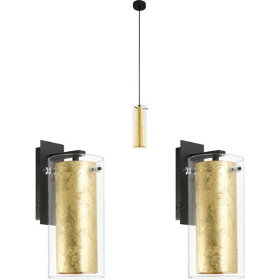 Elegant Ceiling Pendant Light with 2 Matching Wall Sconces in Clear Glass and Gold Finish