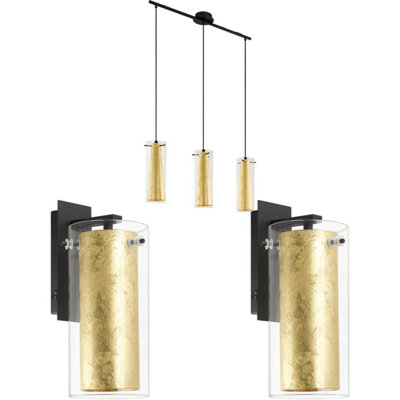 Elegant Ceiling Pendant Light with Matching Wall Sconces in Clear Glass and Gold Finish