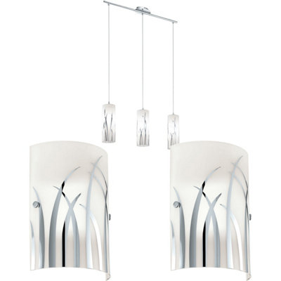 Elegant Chrome Ceiling Pendant Light with Matching Wall Sconces and Patterned Glass Shades