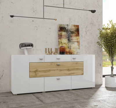 Elegant Coby 26 Sideboard Cabinet 1650mm in Oak Wotan & White Gloss - Modern Storage Solution H710mm D400mm