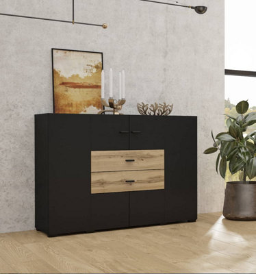 Elegant Coby 43 Sideboard Cabinet 1220mm in Oak Wotan & Black - Contemporary Storage Solution H890mm D400mm