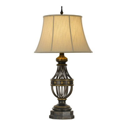 Elegant Cream Table Lamp with Antique Brown Base and Linen Shade - LED E27 Compatible
