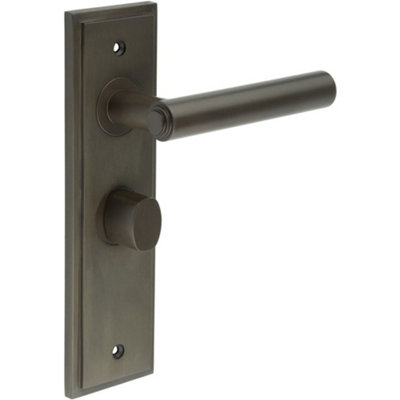 Elegant Dark Bronze Bathroom Door Handle with Backplate and Turn Release - Solid Brass Interior Toilet Lever