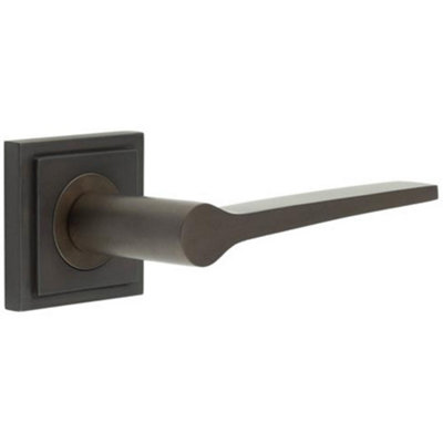 Elegant Dark Bronze Door Handle on Square Stepped Rose for Classic and Modern Interiors - Solid Brass Interior Handle