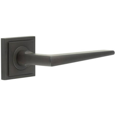 Elegant Dark Bronze Door Handle on Square Stepped Rose - Solid Brass Interior Handle