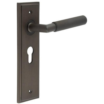 Elegant Dark Bronze Door Handle with Euro Backplate for Modern Interiors - Solid Brass Interior Handle
