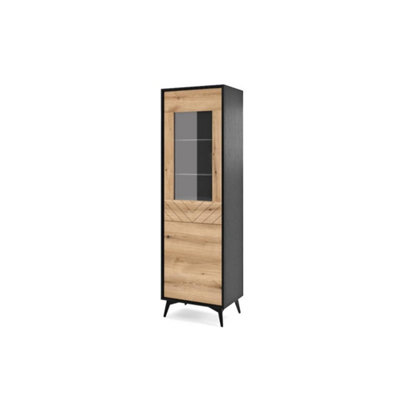 Elegant Diamond Tall Display Cabinet H1780mm W540mm D390mm - Oak Evoke & Black for Modern Living Spaces