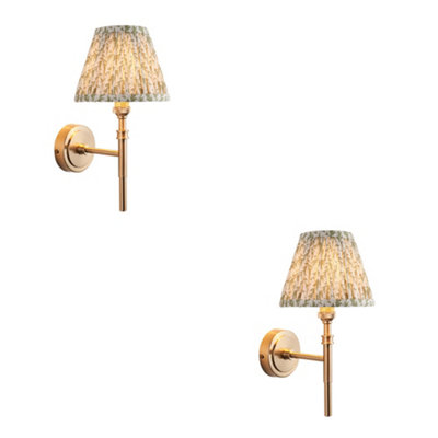 Elegant Dimmable Wall Light 2 Pack - Aged Brass Finish with Herb Garden Green Shade