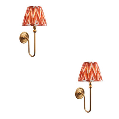 Elegant Dimmable Wall Light Set with Apricot Orange Shades and Aged Brass Finish