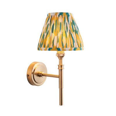 Elegant Dimmable Wall Light with Stylish Yellow and Jade Fabric Shade in Aged Brass Finish