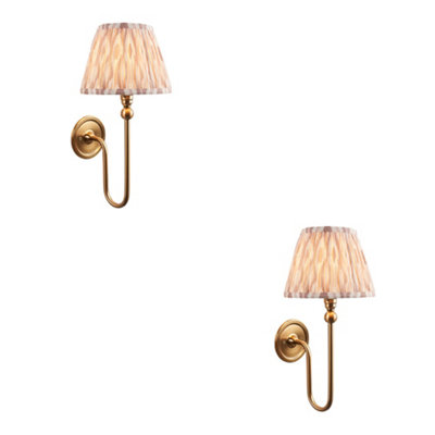 Elegant Dimmable Wall Lights Set in Brushed Aged Brass with Neutral Fabric Shade
