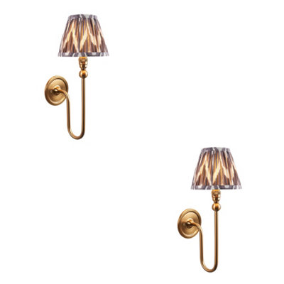 Elegant Dimmable Wall Lights Set in Brushed Aged Brass with Pearl Grey Shades