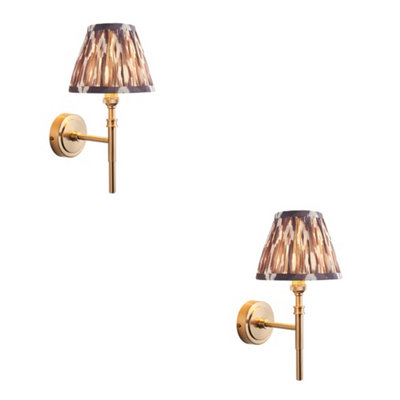 Elegant Dimmable Wall Lights Set of 2 in Aged Brass and Pearl Grey Fabric