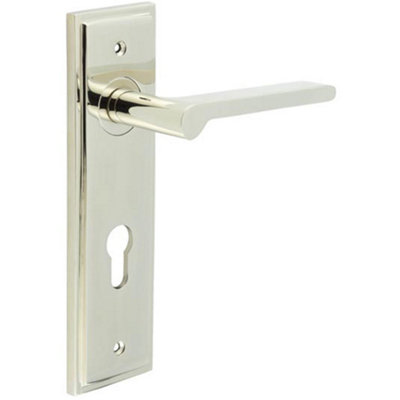 Elegant Door Handle with Euro Backplate in Polished Nickel Finish - Solid Brass Interior Handle