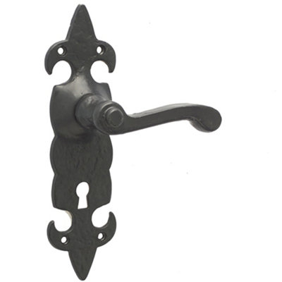 Elegant Fleur De Lys Black Door Handle with Lockplate for Classic Homes - Interior Lever on Backplate