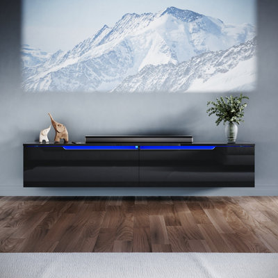 ELEGANT Floating TV Unit Cabinet with LED Lights, Black Wall-Mounted TV ...