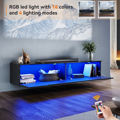 ELEGANT Floating TV Unit Cabinet with LED Lights, Black Wall-Mounted TV ...