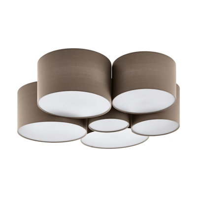Elegant Flush Ceiling Light with 6 Taupe Fabric Shades E27 Bulbs