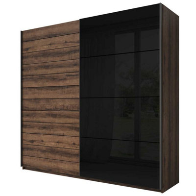 Elegant Galaxy Sliding Wardrobe 200cm - Contemporary Monastery Oak with Black Gloss, H2100mm W2000mm D610mm