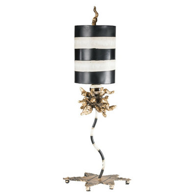 Elegant Gold Leaf Table Lamp with Black and Cream Stripes - LED E27 Bulb 60W