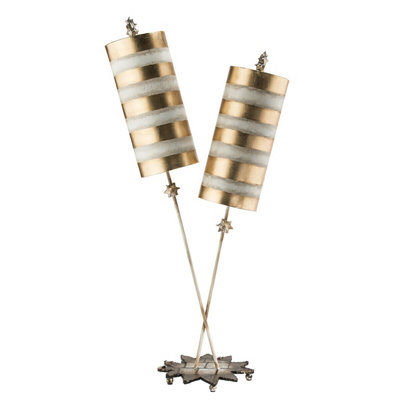 Elegant Gold Leaf Table Lamp with Taupe Striped Shades - Perfect for Home Decor