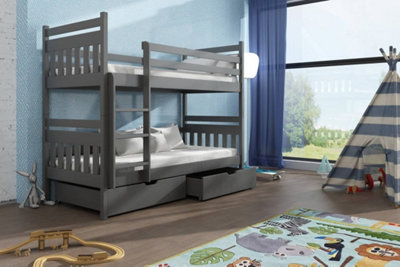 Elegant Graphite Bunk Bed with Storage & Foam/Bonnell Mattresses - Functional Design (H1640mm x W1980mm x D980mm)