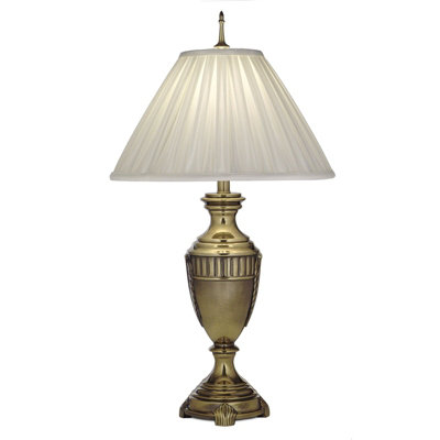Elegant Grecian Urn Style Table Lamp with Oyster Sheen Shade and Brass Finish