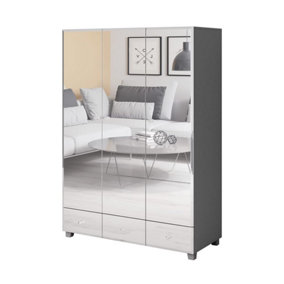 Elegant Grey Bellagio Hinged Door Wardrobe W1290mm H1850mm D550mm - Mirrored Fronts, Ample Storage