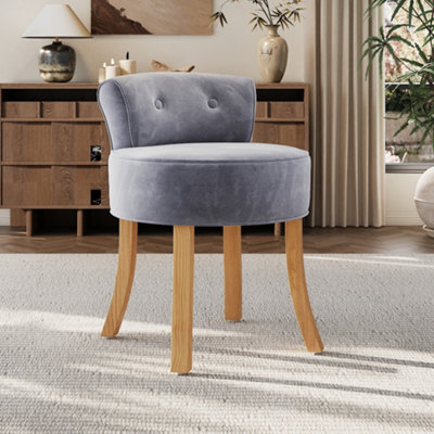 Elegant Grey Velvet Low Back Dressing Table Stool with Natural Rubberwood Legs