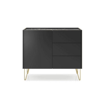 Elegant Harmony Sideboard Cabinet H830mm W970mm D370mm in Black & Black Marble - Compact Storage with Style