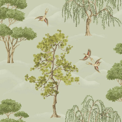 Elegant Home Vintage Green Willow Woodlands Birds Wallpaper 283876