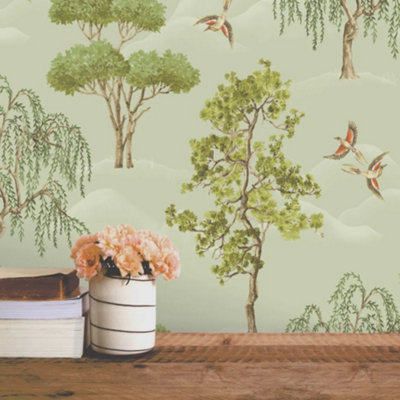 Elegant Home Vintage Green Willow Woodlands Birds Wallpaper 283876