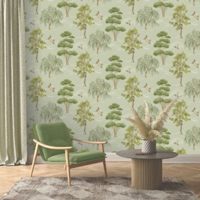Elegant Home Vintage Green Willow Woodlands Birds Wallpaper 283876