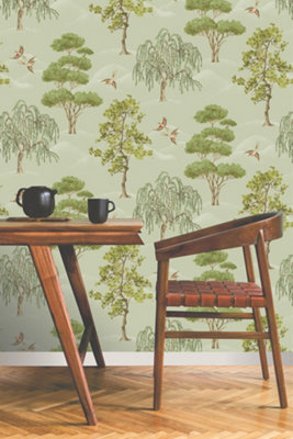 Elegant Home Vintage Green Willow Woodlands Birds Wallpaper 283876