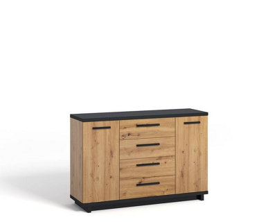 Elegant Ines 01 Sideboard Cabinet H900mm W1350mm D400mm Oak Artisan & Black, Four Drawers, Two Compartments, Two Shelves