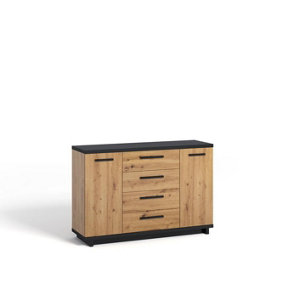 Elegant Ines 01 Sideboard Cabinet H900mm W1350mm D400mm Oak Artisan & Black, Four Drawers, Two Compartments, Two Shelves