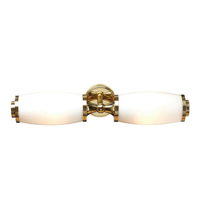 Elegant IP44 Wall Light with 2 Enclosed Glass Shades and Polished Brass Finish